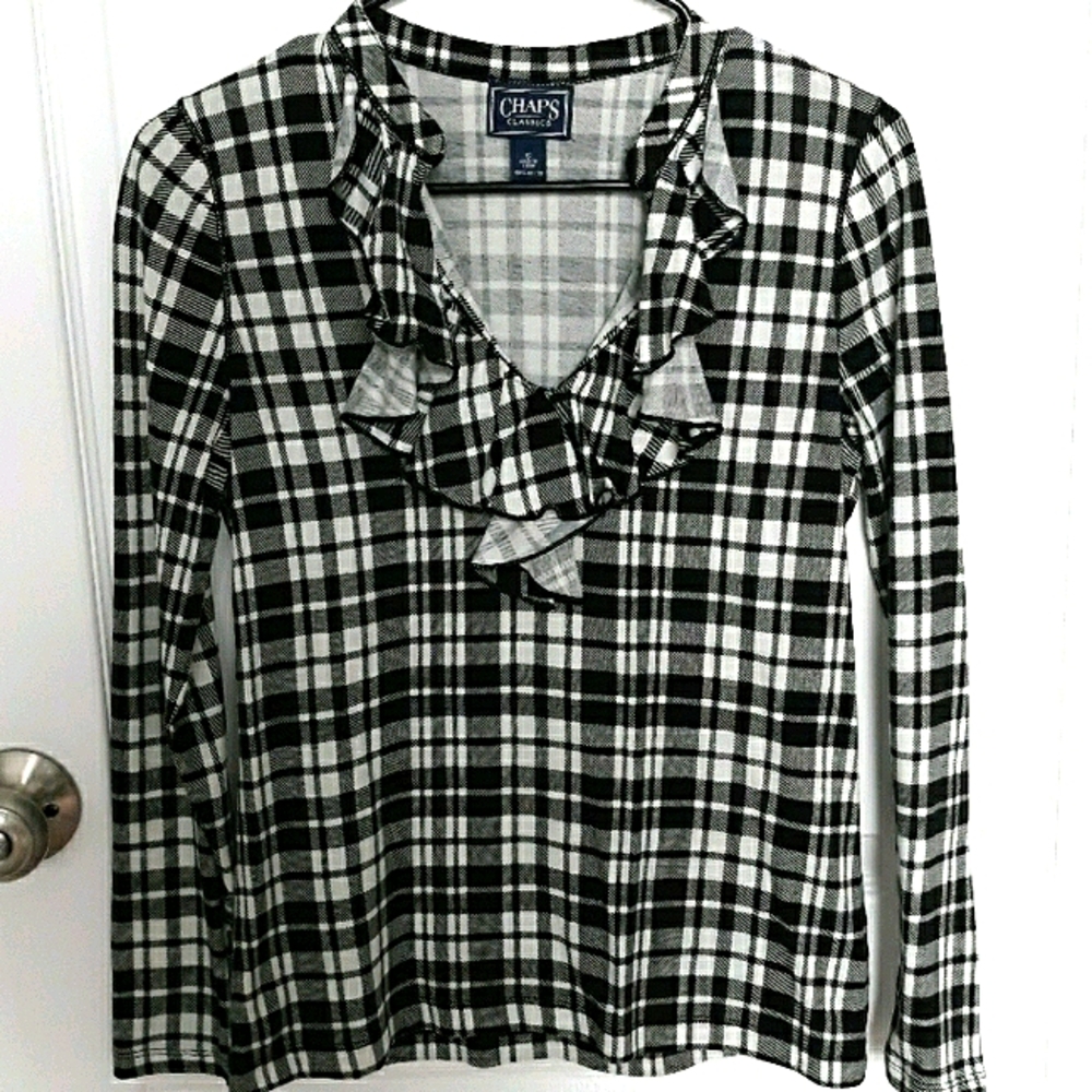 Chaps Black Plaid V-Neck Top
